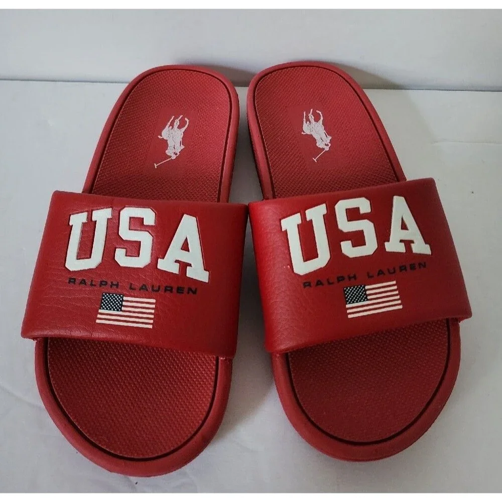 Polo Ralph Lauren IVER Slides Sandals Flag USA Eva Red Grade School Kids Size 11